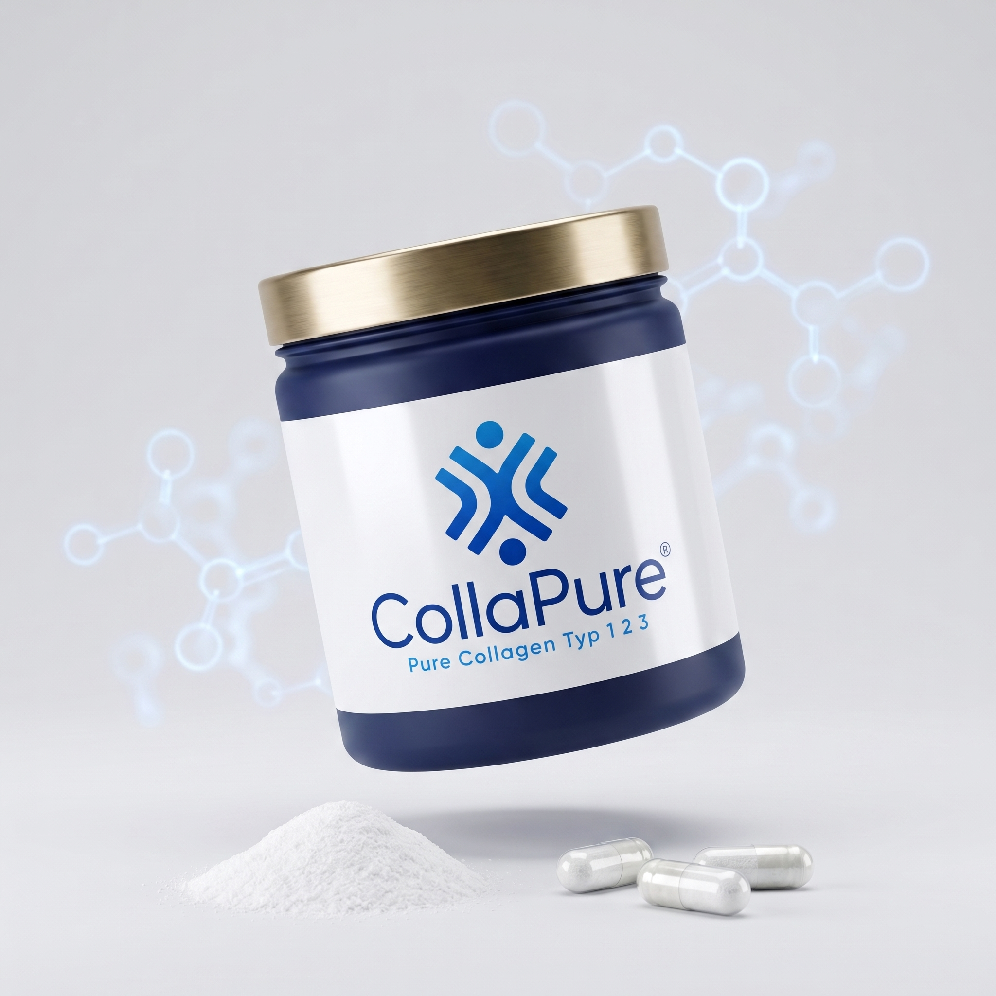 CollaPure® Kollagen-Peptide — Premium-Dose mit Molekülstruktur